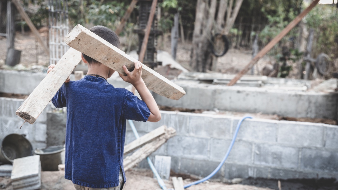 Boy carrying wood in construction